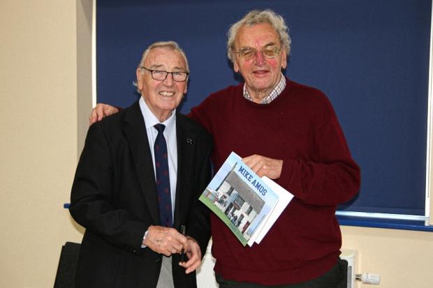 The Northern Echo: Mike Amos at right with his book Prairie Stories and Bob Thursby, a former Stanley United player, at the book launch at Stanley Village Hall on Saturday May 14.