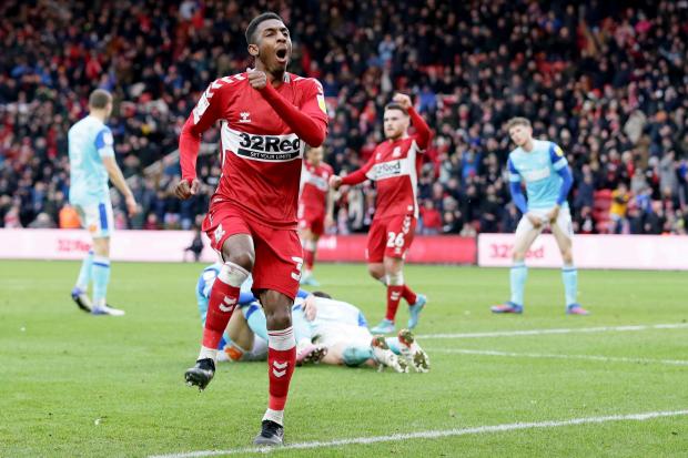 The Northern Echo: Middlesbrough's Isaiah Jones celebrates after his cross found team-mate Matt Crooks to score their second goal during the Sky Bet Championship match at the Riverside Stadium, Middlesbrough. Picture date: Saturday February 12, 2022.