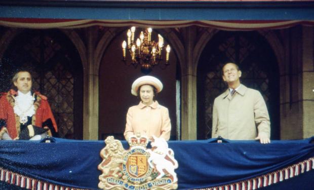 The Northern Echo: The royal visit of Queen Elizabeth and the Duke of Edinburgh in June 1977 when the royal couple took to the balcony of the Town Hall. The mayor is Cllr Alan Thompson
