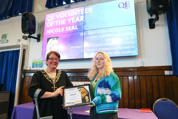 The Northern Echo: Mayor of Darlington, Anne-Marie Curry with Year 12 student Nicole Seal, who was named ‘QE Volunteer of the Year’ for her outstanding level of commitment to multiple causes. Picture: QUEEN ELIZABETH SIXTH FORM COLLEGE The Northern Echo: Mayor of Darlington, Anne-Marie Curry with Year 12 student Nicole Seal, who was named ‘QE Volunteer of the Year’ for her outstanding level of commitment to multiple causes. Picture: QUEEN ELIZABETH SIXTH FORM COLLEGE