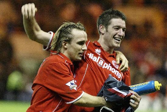 The Northern Echo: Franck Queudrue (right) celebrates Boro's Carling Cup semi-final win over Arsenal with Bolo Zenden