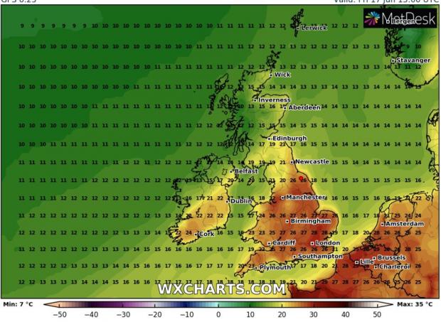 The Northern Echo: Temperatures across the UK on Friday according to WXChart