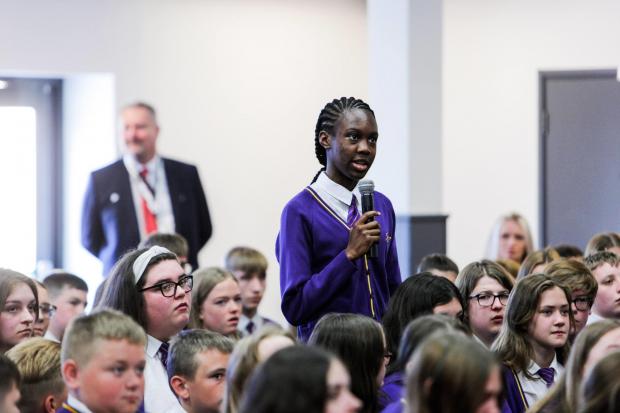 The Northern Echo: Pupils ask Dr Fiona Hill questions at Bishop Barrington school in Bishop Auckland. Photograph: Stuart Boulton/The Northern Echo.