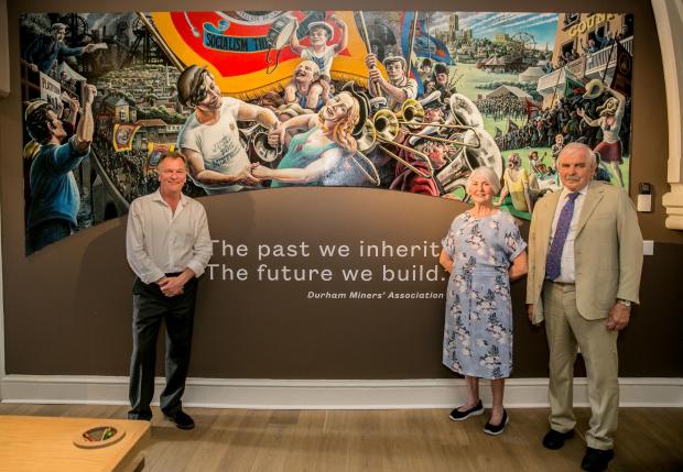 The Northern Echo: Ross Forbes, of the Durham Miners' Association, Durham Miners’ Gala exhibition at The Mining Art Gallery in bishop Auckland, pictured Ross Forbes from Durham Miners Association and Gala organiser with Gillian Wales and Dr Bob McManners OBE from