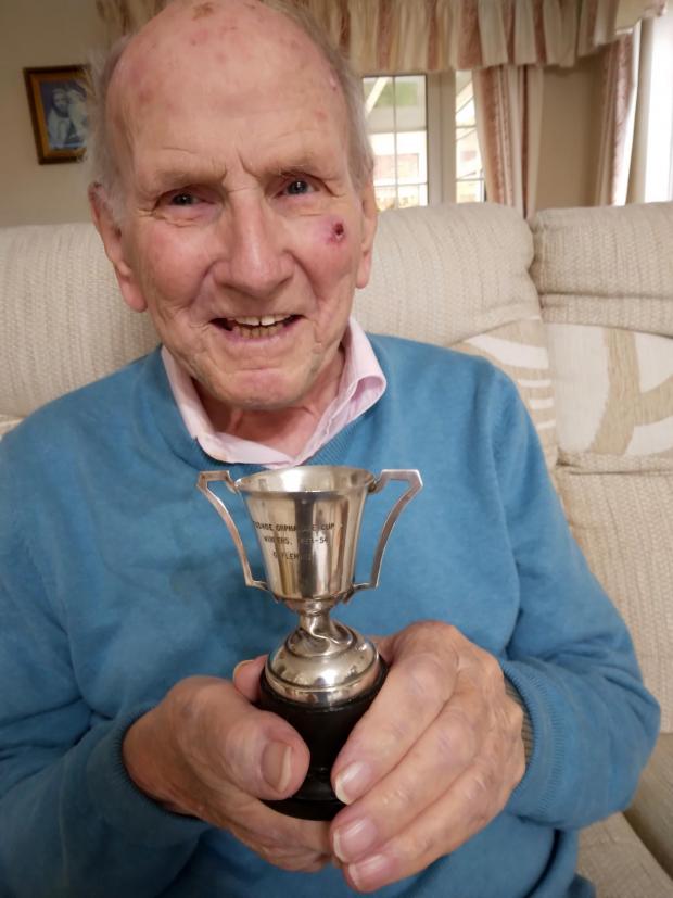 The Northern Echo: Gerard Fleming, 91 years of age, with the trophy he won after Coundon St Joseph's beat Chilton to win the Tudhoe Orphanage Cup in 1954