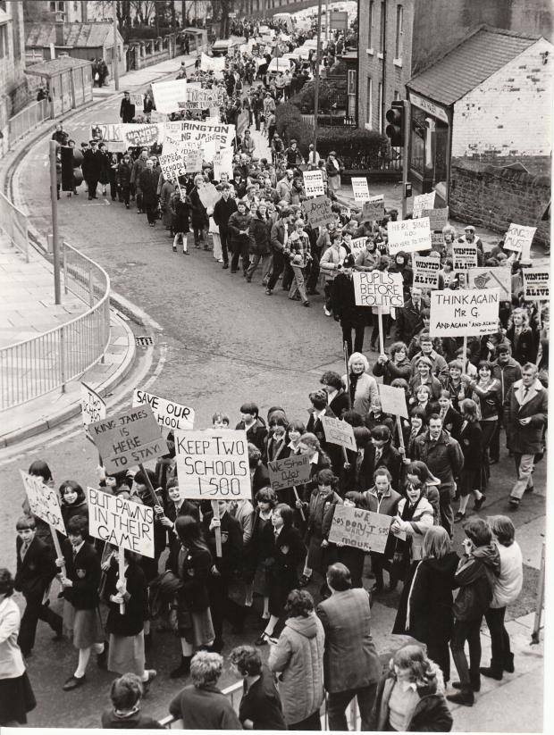 The Northern Echo: In February 2, 1982, a long procession snaked out of King James I school and through thetown as part of the campaign to prevent its amalgamation with Bishop Barrington.
