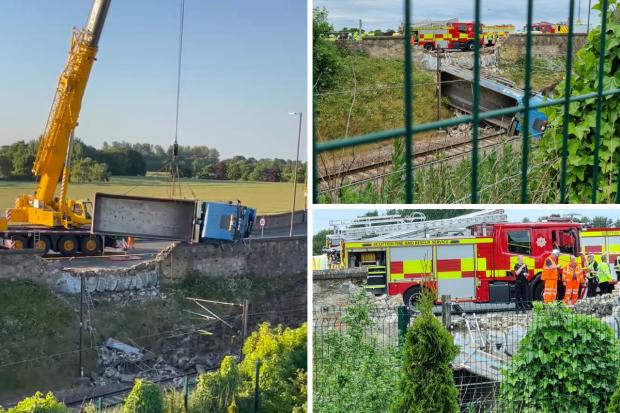 The East Coast Mainline was closed for nearly 24 hours after a lorry crashed onto the tracks in East Lothian Pictures: Lewis Russell (left) and @Tattyhanratty1/Twitter (right)