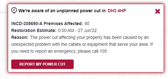 The Northern Echo: This message is currently displayed on the Northern Powergrid outage map. Picture: NORTHERN POWERGRID