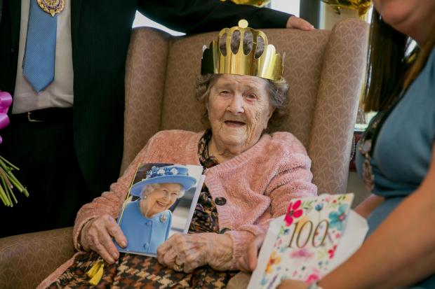The Northern Echo: Louie Young celebrating her 100th birthday at Appleton Lodge in Spennymoor Picture: SARAH CALDECOTT
