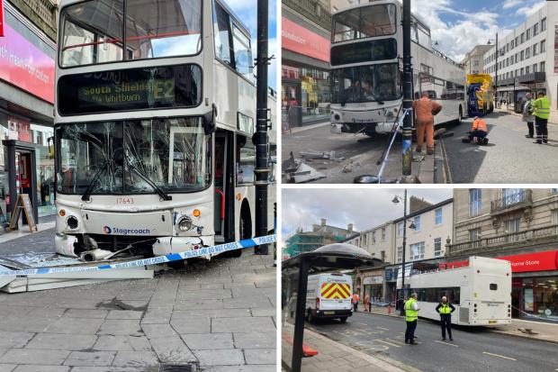 A CITY centre street was brought to a standstill when a double-decker bus left the road and crash into bollards before coming to rest on a sidewalk. Pictures: BRENDA STOBBART