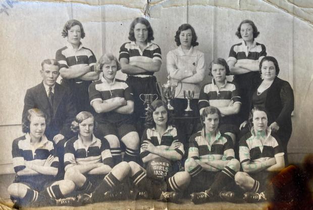 The Northern Echo: The Darlington Quaker Ladies team photo with the cups they had won during the 1931-32 season. Lillie Galloway is on the right and her husband, James, is on the left