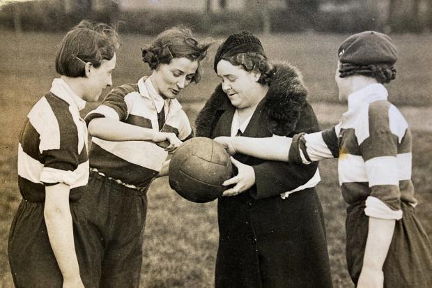 Lillie Galloway with the ball with her new signing Lydia Clements on the left. On the right is Doris Brown and Florrie Harbron is in the centre. In 1937