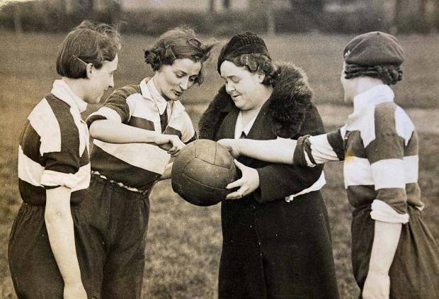 The Northern Echo: Lillie Galloway with the ball with her new signing Lydia Clements on the left. On the right is Doris Brown and Florrie Harbron is in the centre. In 1937