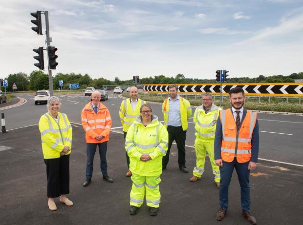 The Northern Echo: Y&NY LEP Board Member Jan Garill, NYCC Project Manager Richard Binks, Farrans Operations Director Jonny Kerr, National Highways Head of Service Delivery Kate Wood, Farrans Project Manager Shane Daly, AECOM Site Supervisor Kevin Atkinson and Cllr Keane Duncan