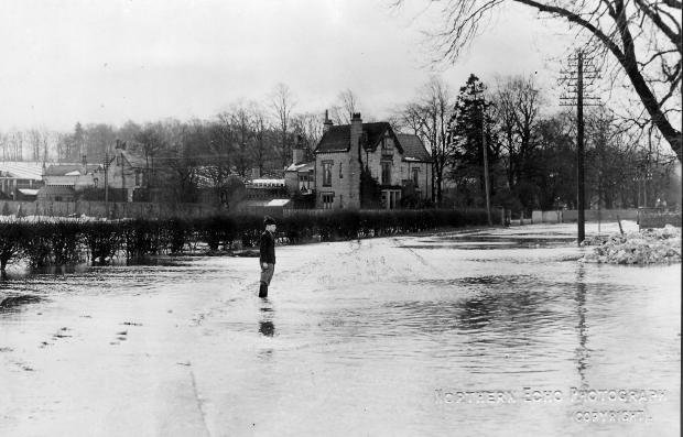 The Northern Echo: Tees View Villa from the A167 on February 28, 1941. Piles of snow line the road and the floodwaters from the rivers Skerne and Tees appear to have met outside the villa. According to stamps on the rear of this picture, wartime censors ordered that this