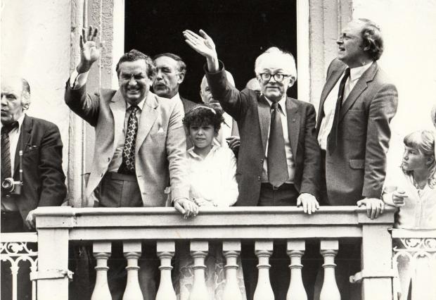 The Northern Echo: Denis Healey and Michael Foot on the Royal County balcony in 1981 when they were Labour deputy and leader, with leader-to-be Neil Kinnock a little distracted beside them