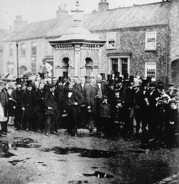 The Northern Echo: The opening of the Fothergill Fountain in Bondgate in 1862. Opening day was June 10, but because it was so grey and wet, the picture was taken on June 11