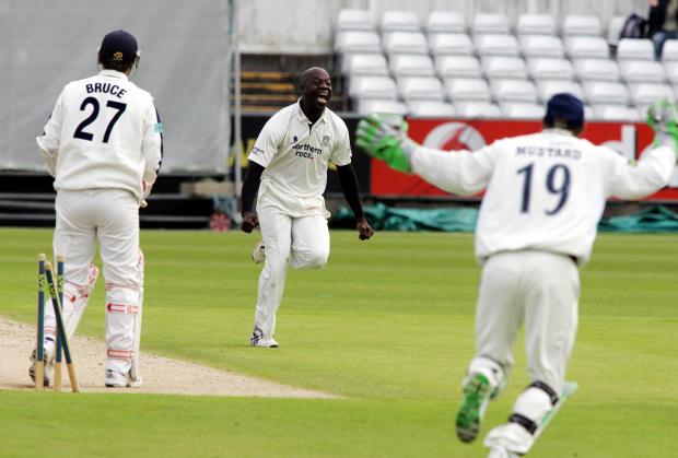 The Northern Echo: Riverside, Chester-le-street:  County Championship:  Durham versus Hampshire.  Otis Gibson celebrates taking his 10th wicket.