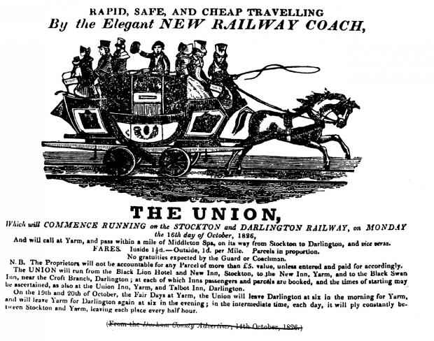 The Northern Echo: The Yarm branchline was primarily for transporting minerals like coal, but according to this advert in the Durham County Advertiser of October 14, 1826, "rapid, safe and cheap travelling" was available to humans by the Union, "the elegant