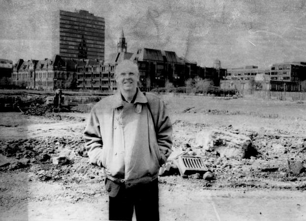 The Northern Echo: Claes Oldenburg at the waste ground outside Middlesbrough town hall in 1988 where his Bottle of Notes sculpture was going to go