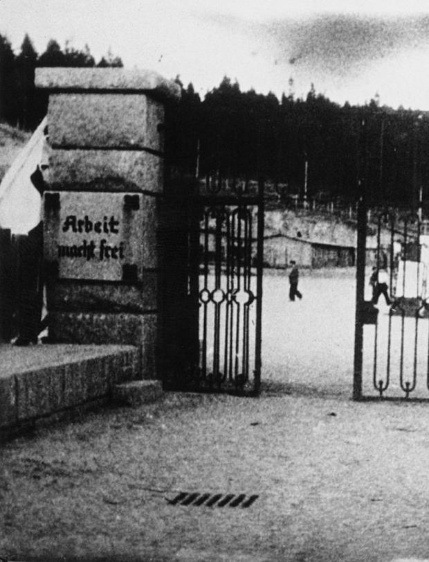 The Northern Echo: The gate of the Flossenburg concentration camp with the Nazi slogan, "Arbeit macht frei"  - "work sets you free"