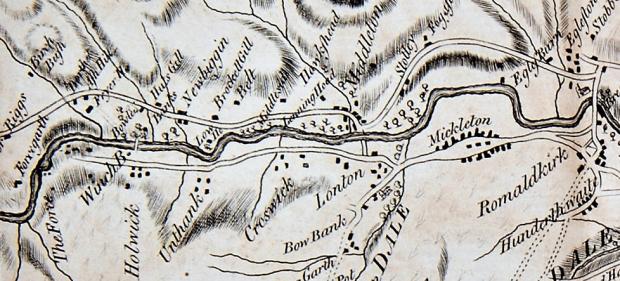 The Northern Echo: An excerpt of the fold-out map from Garland's Tour of Teesdale, from Eggleston and Romaldkirk on the right, past Middleton and the Winch Bridge up to "The Force", or High Force, on the left