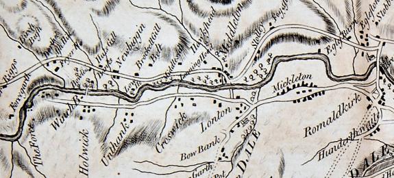 The Northern Echo: An excerpt of the fold-out map from Garland's Tour of Teesdale, from Eggleston and Romaldkirk on the right, past Middleton and the Winch Bridge up to "The Force", or High Force, on the left The Northern Echo: An excerpt of the fold-out map from Garland's Tour of Teesdale, from Eggleston and Romaldkirk on the right, past Middleton and the Winch Bridge up to "The Force", or High Force, on the left
