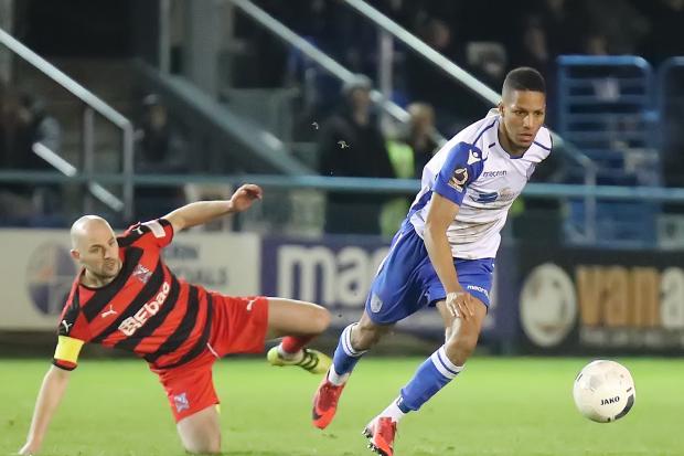 Kaine Felix playing for Guiseley against Darlington in 2020