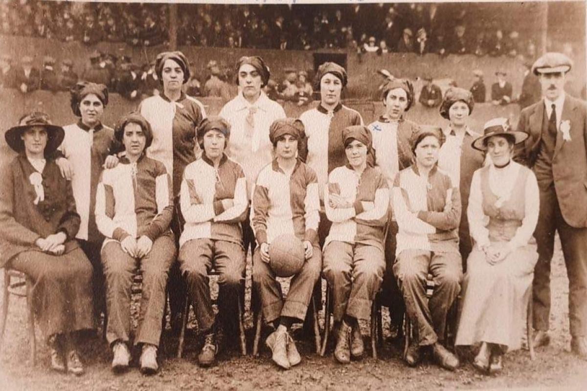 Mary Mackin, first player on the left in the front row, with the Smith's Dock Women's Team, at South Bank, in 1918