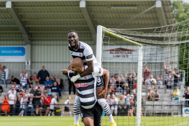 Adriano Moke and Jacob Hazel celebrate Darlington's first goal. Picture: ANDY FUTERS