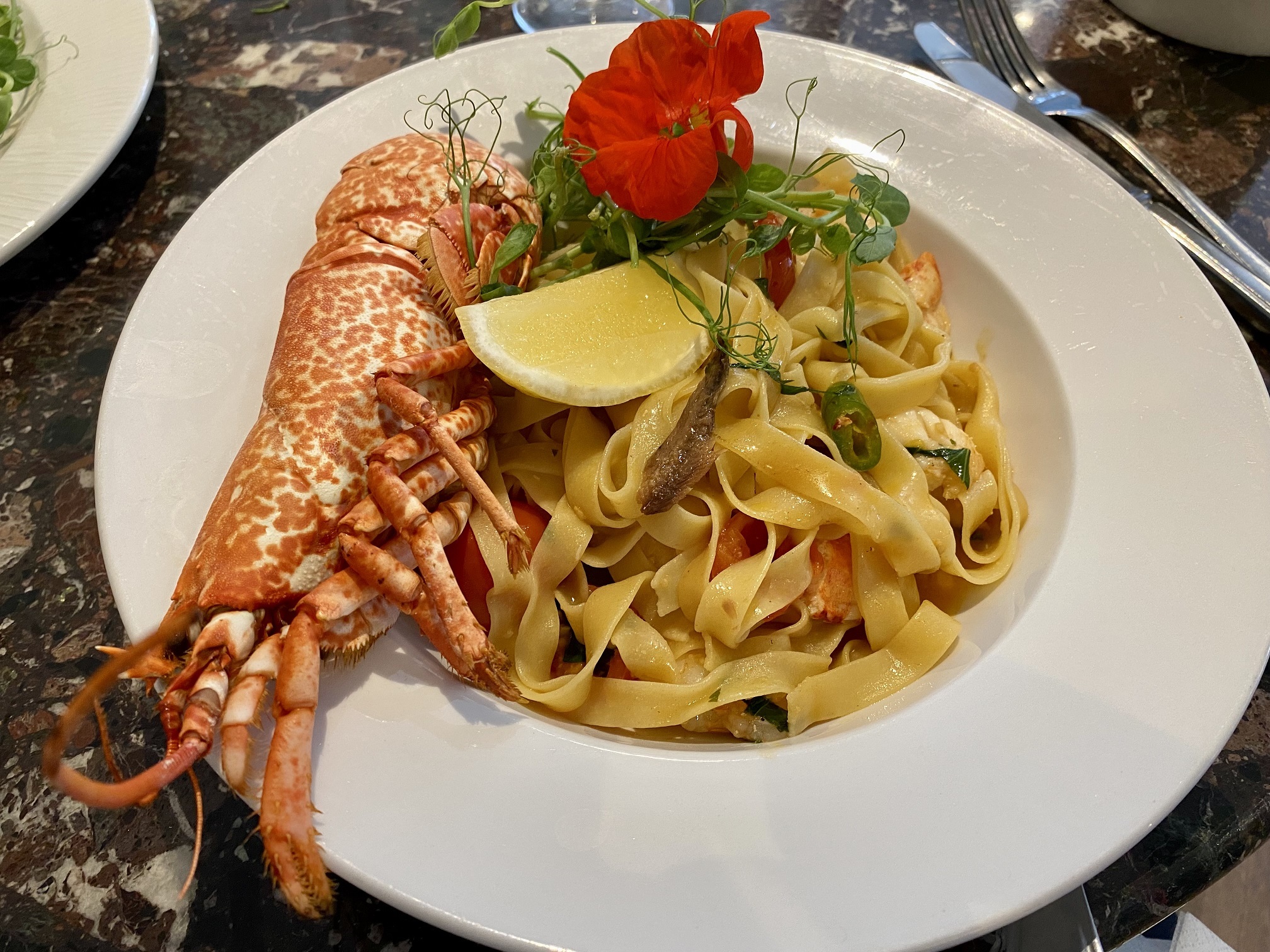 Fettuccini with lobster at Valentinos in Ripon
