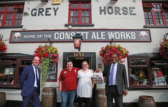 The Northern Echo: Kwasi Kwarteng with MP Richard Holden and landlords David and Sandra Wilkinson at the Grey Horse pub and Consett Ale Works Brewery. Picture: Sarah Caldecott. The Northern Echo: Kwasi Kwarteng with MP Richard Holden and landlords David and Sandra Wilkinson at the Grey Horse pub and Consett Ale Works Brewery. Picture: Sarah Caldecott.