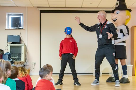 The Northern Echo: Mr Q and Barry challenged the students' skills and football knowledge to win the tickets for their school The Northern Echo: Mr Q and Barry challenged the students' skills and football knowledge to win the tickets for their school