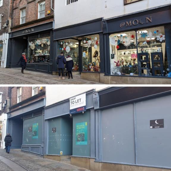 The Northern Echo: The same shopfront a year apart - in 2021, it was a boarded up former EE, now it is an independent jewellery shop. The Northern Echo: The same shopfront a year apart - in 2021, it was a boarded up former EE, now it is an independent jewellery shop.