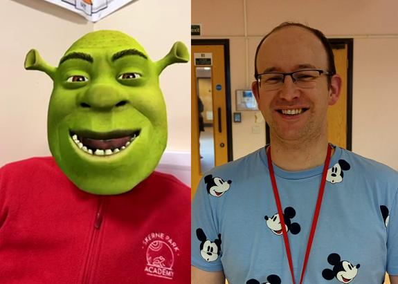 The Northern Echo: Teacher Jamie Dillon transformed into grouchy ogre Shrek as a Masked Reader for World Book Day The Northern Echo: Teacher Jamie Dillon transformed into grouchy ogre Shrek as a Masked Reader for World Book Day