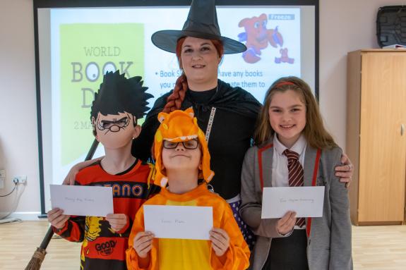 The Northern Echo: The winners of the Skerne Park Acadmy World Book Day Extreme Reading Challenge with teacher Ruth Howard. From left: Mally-Ray Vickers, Lucas Plane, and Evie Hayton-Armstrong The Northern Echo: The winners of the Skerne Park Acadmy World Book Day Extreme Reading Challenge with teacher Ruth Howard. From left: Mally-Ray Vickers, Lucas Plane, and Evie Hayton-Armstrong