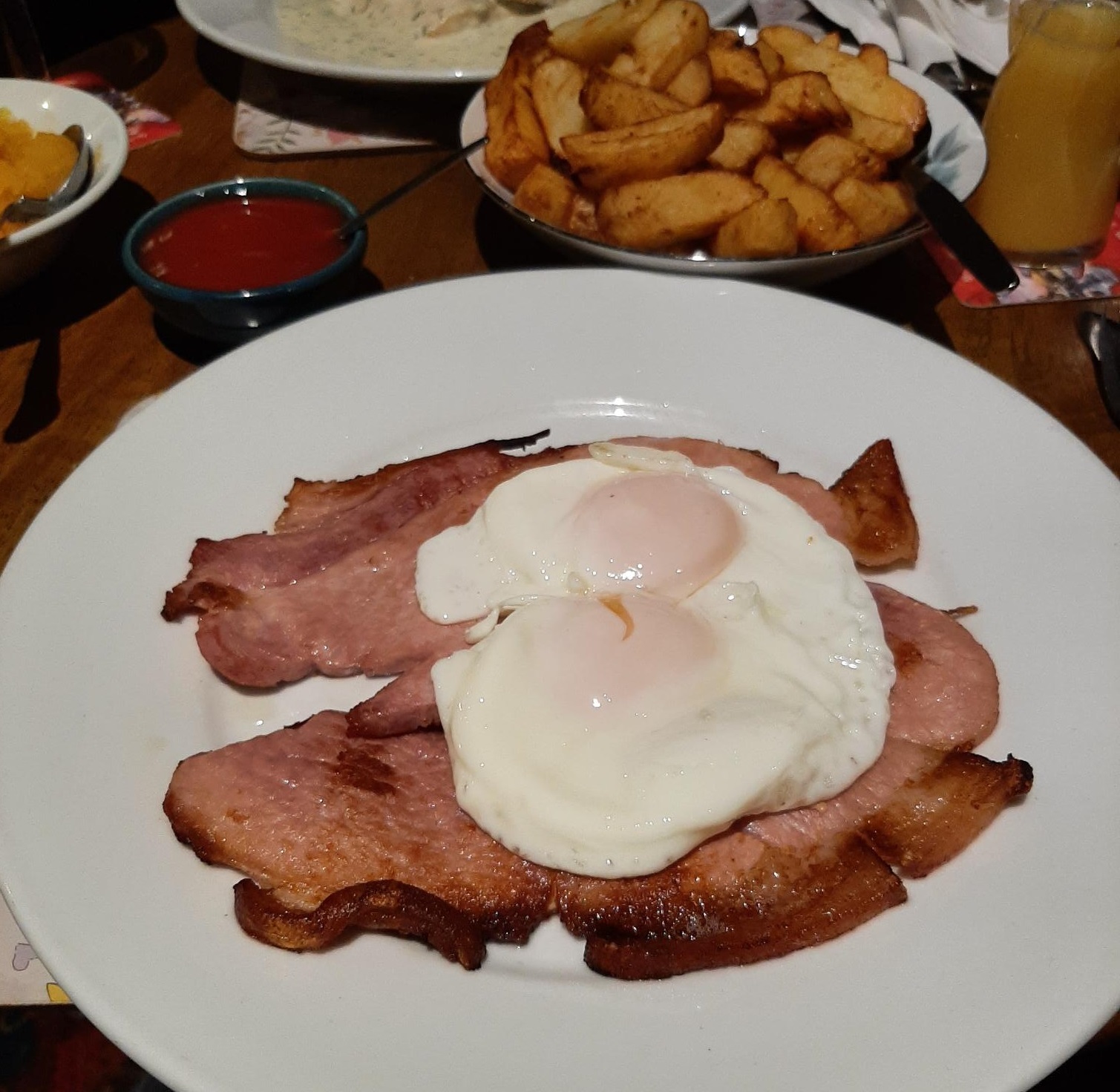 Gammon steak with two fried eggs - but the pineapple was declined