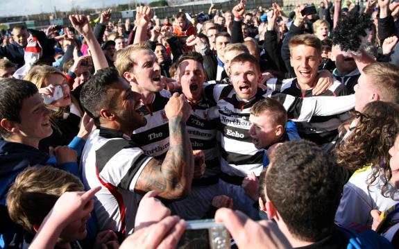 The Northern Echo: Darlington players celebrate with fans at becoming champions of the Northern League after their 3-1 victory over Team Northumbria. The Northern Echo: Darlington players celebrate with fans at becoming champions of the Northern League after their 3-1 victory over Team Northumbria.