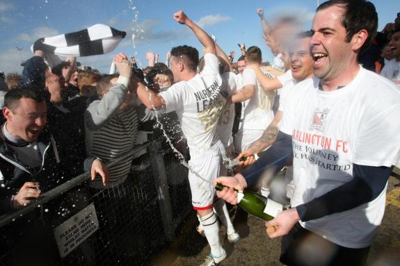 The Northern Echo: Darlington players celebrate with fans at becoming champions of the Northern League after their 3-1 victory over Team Northumbria. The Northern Echo: Darlington players celebrate with fans at becoming champions of the Northern League after their 3-1 victory over Team Northumbria.