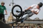 STUNTMAN: Darlington rider Tom Snowball, 16, on the ramps set up in Darlington Market Place