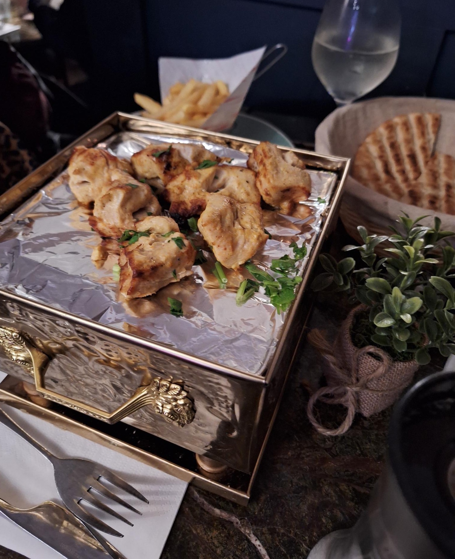 Chicken Souvlaki came served on an ornate platter