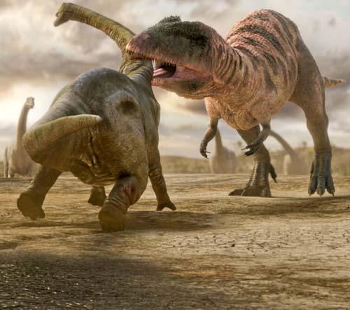 WILD WORLD: A young paralititan is attacked by a carcharodontosaurus in what is now North Africa, in Planet Dinosaur