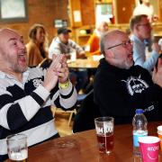 Geoff Scott, left and John Harvey cheer on England at Darlington Rugby Club: Picture Paul Norris