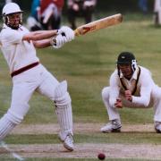 Paul Patterson hits out in a game in May 1991, with David Currie, looking on from silly point in a game against Durham's minor counties side