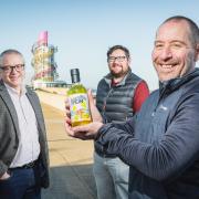 Steve Gill, Andy Mogg and Arron Stoutt with LemonTop Gin at Redcar beach