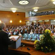 Mayor of Durham, Grenville Holland, addresses the council chambers in Durham County Hall on the day power was handed over to the new unitary council