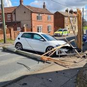 The driver of this car emerged without a scratch after crashing into a pole in Helmington Row area of Willington Picture: CDDFRS