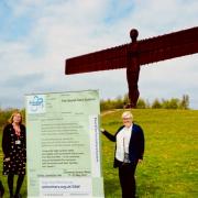 Christian Steel at campaign launch at the Angel of the North, with Judith King of Alzheimer's Society and Christine Everatt