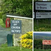 Signs opposing plans for a free range egg farm at Thornton le Beans