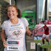Gillian Hutchinson with a defbrillator and inset Christian Eriksen